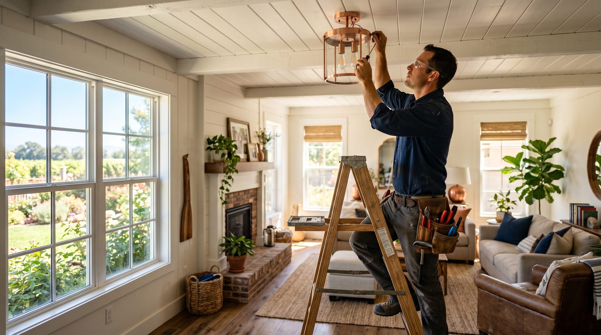 Livingston Electrical Services electrician installing a ceiling fixture in a Madera home