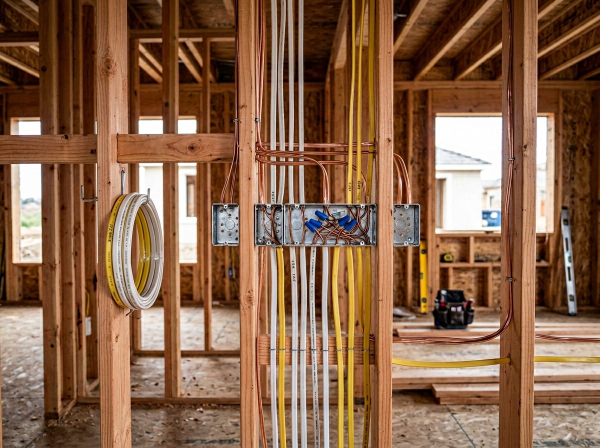 Neat electrical rough-in wiring through wood framing by Livingston Electrical Services