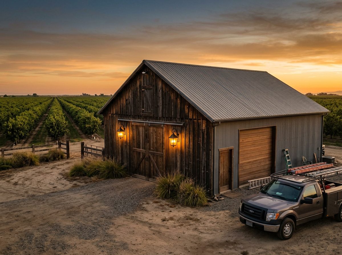 Warm exterior lanterns installed on a Madera County workshop at golden hour
